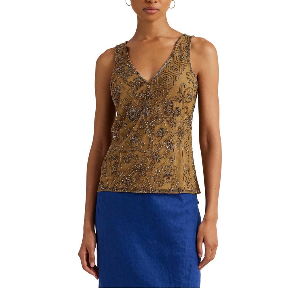 BEADED MESH SLEEVELESS BLOUSE